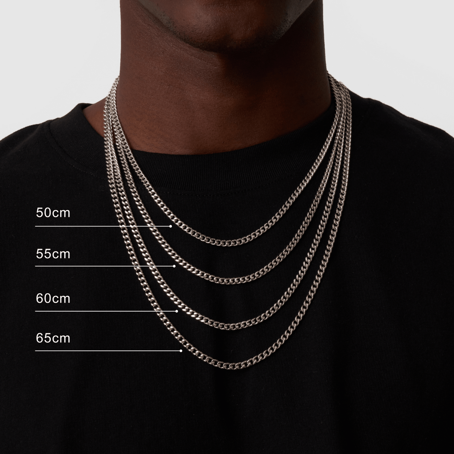 Cuban chain length guide — 50, 55, 60, 65 cm